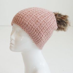 Pink Knit  Puff Ball Beanie Hat